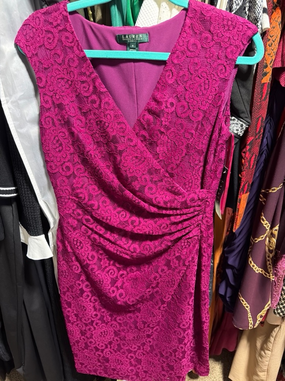 Ralph Lauren Fuchsia Lace Surplice Midi Dress